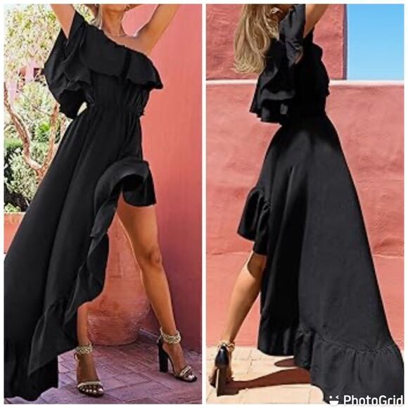 ZESICA ONE SHOULDER SLEEVELESS RUFFLE ASYMMETRICAL HIGH LOW Gown - Picture 1 of 13